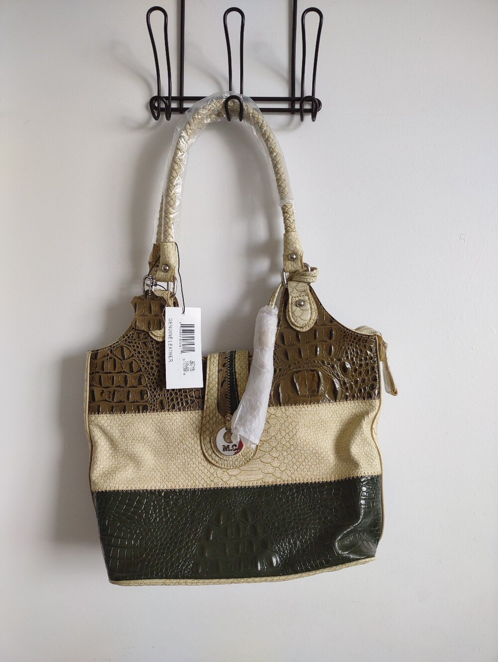 Genuine Leather Stylish Tricolor Croc-Embossed Tote Bag - Beige Olive Brown